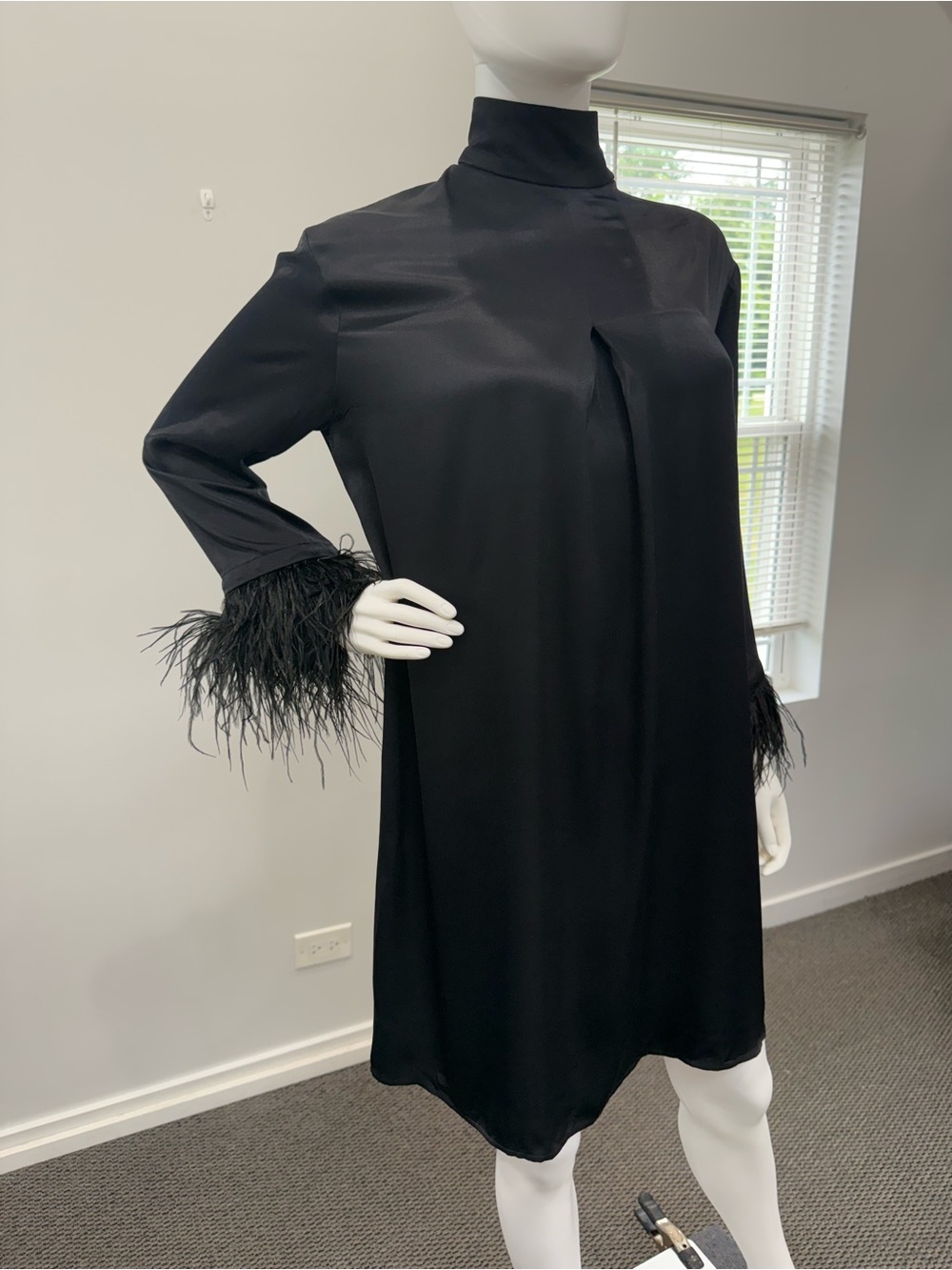 Sleeper Black Mini Dress with Feathery Cuffs - Picture 3 of 11